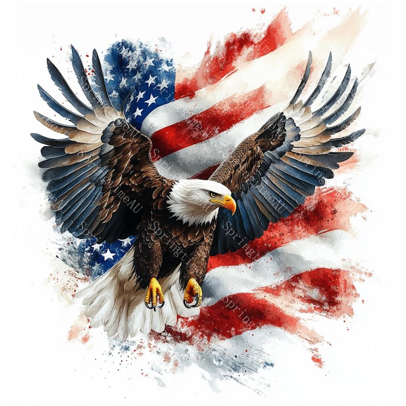 May include: A majestic bald eagle with outstretched wings, set against a backdrop of the American flag. The eagle features detailed brown, white, and blue feathers, with a yellow beak and talons. The flag's red and white stripes and blue star field create a patriotic theme.
