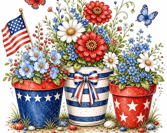 16 Whimsical Patriotic Flower Pot Clipart, Watercolor JPG, 4th of July Sublimation Clipart, Garden Printable, Digital Download Art