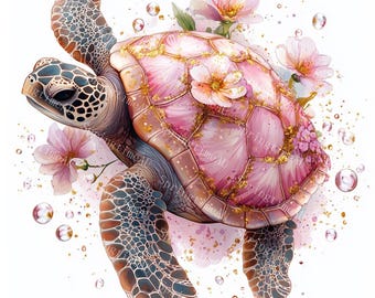 20 tropiska sköldpaddor Clipart, havssköldpadda, blommig havssköldpadda, utskrivbar akvarell, högkvalitativa JPG-bilder, pappersarbete, skräpjournal, digital nedladdning