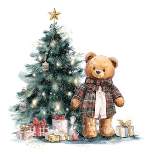 16 Teddy Bear with Christmas Tree Clipart, Baby Bear, Christmas Card, Printable Watercolor, High-Quality PNG/JPGs, Papercraft, Junk Journal
