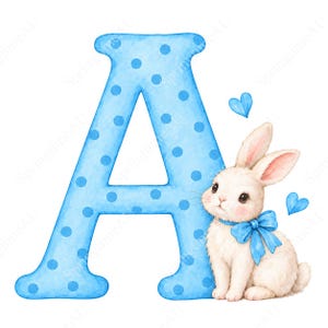 May include: A large, light blue capital letter A decorated with a pattern of darker blue polka dots. Beside the letter sits a small, fluffy white rabbit with pink-tinted ears, wearing a bright blue bow around its neck, near two blue hearts.