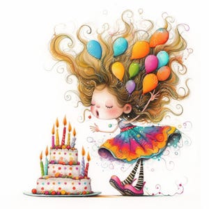 20 Clipart de gâteau d'anniversaire original, clipart fille originale, anniversaire de fille, aquarelle imprimable, fichiers JPG de haute qualité, créations en papier, journal indésirable