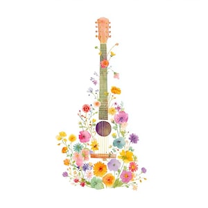 以下が含まれることがあります： 色とりどりの花で飾られたアコースティックギターの水彩イラスト。ギターのボディは白く、サウンドホールがあり、ネックは緑色です。ピンク、黄色、オレンジ、紫の色合いの花が楽器の周りに流れ落ち、気まぐれなデザインを作り出しています。
