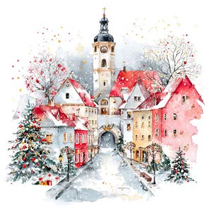 20 Christmas Village Clipart, Christmas Card Art, Printable Watercolor, High-Quality JPGs, Paper Craft, Junk Journal, Digital Download