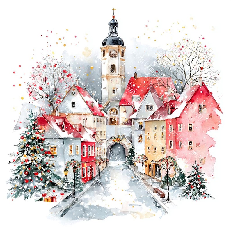 20 Christmas Village Clipart, Christmas Card Art, Printable Watercolor, High-Quality JPGs, Paper Craft, Junk Journal, Digital Download