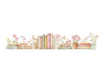 以下が含まれることがあります： 水彩画のイラスト。古書と鉢植えの花が並んだ棚。本はピンク、緑、ベージュなど様々な色合い。ピンクと黄色の花が小さな鉢や花瓶に飾られており、可愛らしい装飾的なシーンを作り出しています。