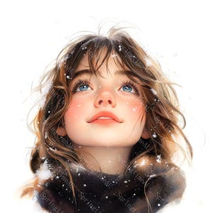 May include: Digital illustration of a young person looking upwards with blue eyes and light brown hair. Snowflakes are falling around the person's face and shoulders. The person is wearing a dark brown scarf.