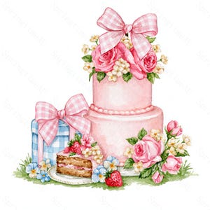 May include: A two-tiered light pink cake topped with a pink and white gingham bow and pink roses. Beside it sits a blue and white gingham gift box, a slice of cake on a white plate, fresh strawberries, and small blue and white flowers.