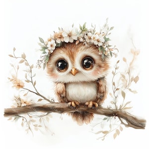 20 Cute Barn Owl Clipart, Woodland Owl, Floral Owl, Nursery Decor, Printable Watercolor, High-Quality JPGs, Papercraft, Junk Journal