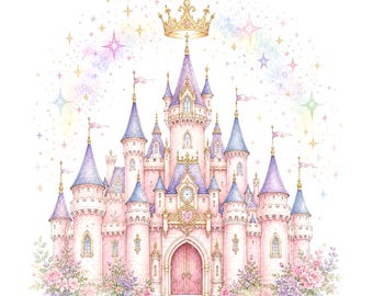 May include: A watercolor illustration of a pink castle with purple conical roofs, featuring a large gold crown floating above the central tower, a clock face, and arched doors, surrounded by colorful floral bushes and sparkling star accents.