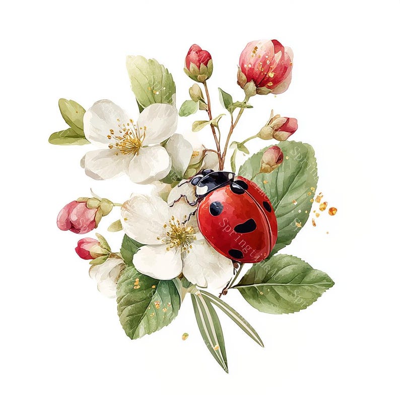 16 Floral Ladybug Clipart, Cute Lady Bug, Spring Art, Printable Watercolor, High-Quality JPGs, Paper Craft, Junk Journal, Digital Download