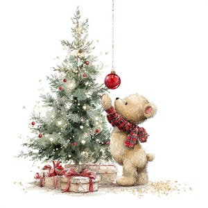16 Teddy Bear with Christmas Tree Clipart, Baby Bear, Christmas Card, Printable Watercolor, High-Quality PNG/JPGs, Papercraft, Junk Journal