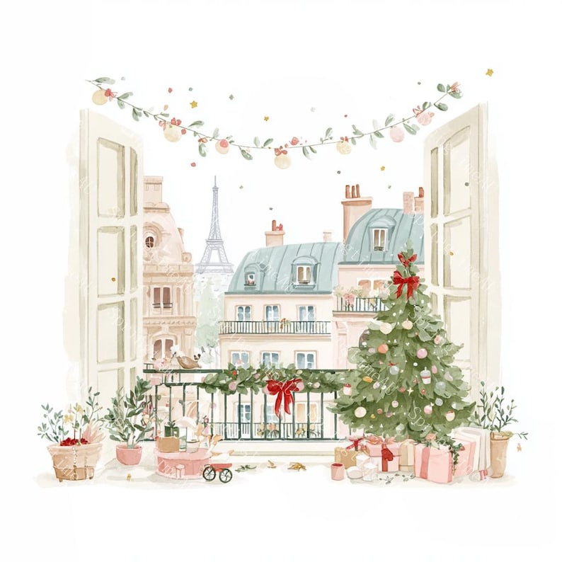 20 Christmas in Paris Clipart, Cute Paris Clipart, Paris Travel Art, Printable Watercolor,High-Quality JPGs, Papercraft, Junk Journal