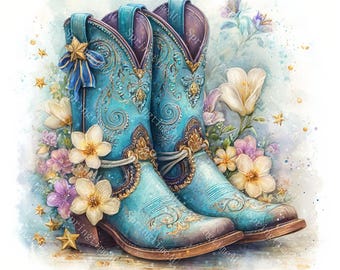 20 Floral Cowgirl Boots Clipart, Cowboy Boots Clipart, Printable Watercolor, High-Quality JPGs, Paper Craft, Junk Journal, Digital Download