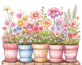 Puede incluir: Ilustración en acuarela de cinco macetas llenas de flores coloridas. Las macetas son en tonos rosa, azul y amarillo, y se asientan sobre una repisa de piedra. Las flores incluyen margaritas, petunias y otras flores rosas, moradas y amarillas.