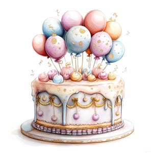 18 cliparts de gâteau d'anniversaire fantaisistes, joyeux anniversaire, gâteau de célébration, aquarelle imprimable, fichiers JPG de haute qualité, créations en papier, journal indésirable