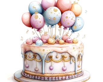 18 Clipart di torte di compleanno stravaganti, Buon compleanno, Torta di celebrazione, Acquerello stampabile, JPG di alta qualità, Lavoretti di carta, Diario spazzatura