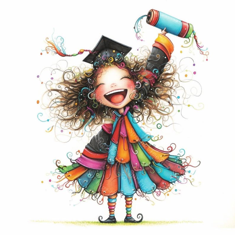 16 Quirky Girl Graduation Clipart, Student Grad Designs, Printable Watercolor, High-Quality JPGs, PaperCraft, Junk Journal, Digital Download
