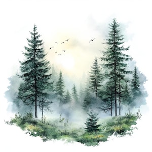 20 cliparts forêt de pins brumeux, arbres à feuilles persistantes, paysage naturel, aquarelle imprimable, fichiers JPG de haute qualité, créations en papier, journal indésirable