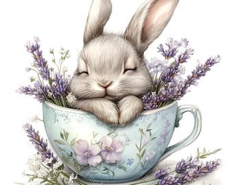 20 Bunny In Tea Cup clipart, konijn clipart, schattig konijntje, lentebloemen, afdrukbare aquarel, hoogwaardige JPG's, Paper Craft, Junk Journal