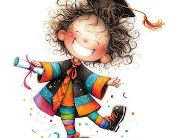 16 imágenes prediseñadas originales para graduación de niños, diseños para estudiantes graduados, acuarelas imprimibles, JPG de alta calidad, manualidades con papel, diario creativo, descarga digital.