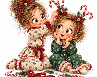 16 Funny Christmas Pajama Girls Clipart, Cute Best Friends Watercolor JPG, Cozy Holiday Sublimation, Planner Stickers, Digital Download