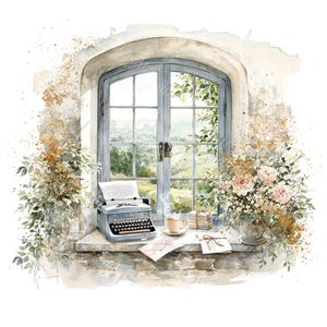 May include: A watercolor illustration of a light blue vintage typewriter sitting on a window ledge. Beside it are a steaming cup of coffee, a stack of letters, and loose envelopes. Lush green foliage and pink flowers frame the arched window.