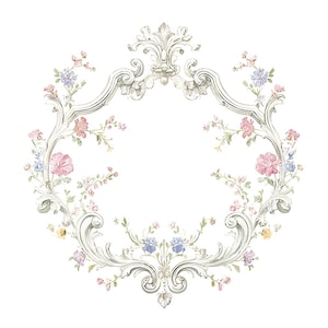 May include: An ornate, oval-shaped, silver-colored frame with intricate scrollwork and floral accents. The frame is adorned with delicate pink, blue, and yellow flowers, creating a vintage, romantic aesthetic. The design is set against a clean white background.