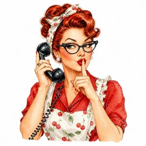 Peut inclure: Une illustration numérique d'une personne aux cheveux roux coiffés en chignon, portant un foulard blanc à motifs de cerises et des lunettes noires œil-de-chat. Elle porte une chemise rouge et un tablier blanc à cerises, tenant un combiné noir.