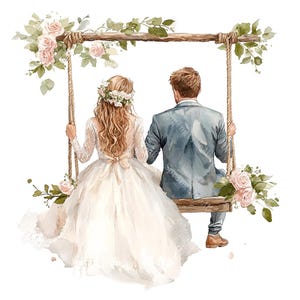 18 Bride and Groom on Swing Clipart, Wedding Clipart, Romantic Wedding Day, Printable Watercolor,High-Quality JPGs, Papercraft, Junk Journal
