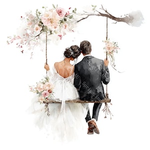 18 Bride and Groom on Swing Clipart, Wedding Clipart, Romantic Wedding Day, Printable Watercolor,High-Quality JPGs, Papercraft, Junk Journal