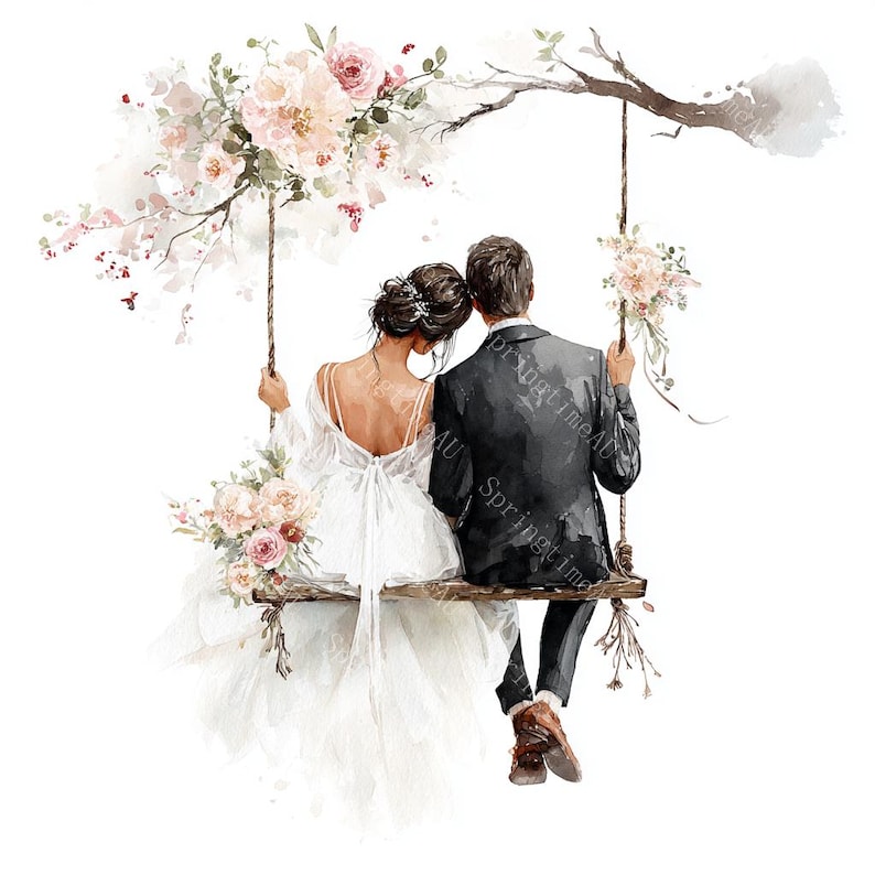 18 Bride and Groom on Swing Clipart, Wedding Clipart, Romantic Wedding Day, Printable Watercolor,High-Quality JPGs, Papercraft, Junk Journal
