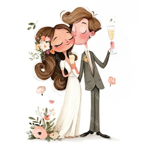 Op de afbeelding: Een aquarel illustratie van een bruidspaar. De bruid draagt een witte jurk en houdt een champagneglas vast. De bruidegom, in een grijs pak, kust haar wang. Bloemenaccenten en champagneglazen maken de romantische scène compleet.