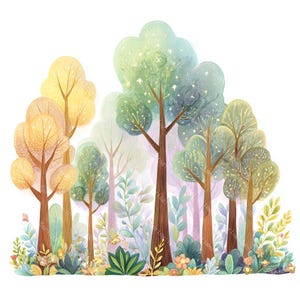 20 imágenes prediseñadas de bosque con árboles, bosque bonito, escenas de la naturaleza, acuarela imprimible, JPG de alta calidad, manualidades de papel, diario basura, descarga digital