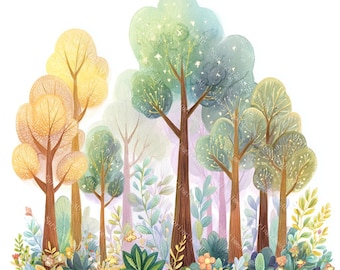 20 vackra trädskogsklipp, söt skog, naturscener, utskrivbar akvarell, högkvalitativa PNG/JPG, papperspyssel, skräpjournal