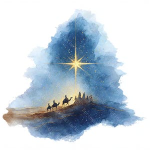 以下が含まれることがあります： 明るい金の星を追う三賢者の水彩イラスト。ラクダと星空を背景にした人物が描かれた砂漠の風景は、驚きと精神性を感じさせます。
