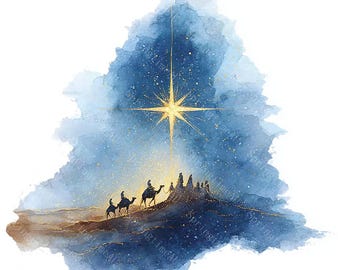 16 Bethlehem Night Star Clipart,  Celestial Christmas, Nativity Scene, Printable Watercolor, High-Quality PNG/JPGs, Papercraft, Junk Journal