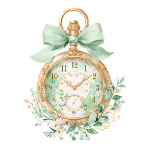 May include: A gold-colored pocket watch with a mint green face, adorned with floral details and a matching bow. The watch is surrounded by a wreath of green leaves and white flowers, creating a vintage aesthetic.