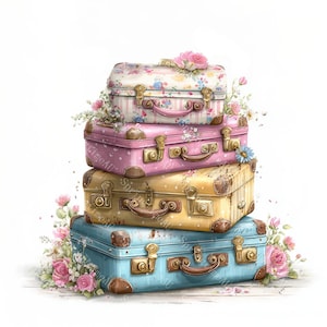May include: A stack of four vintage suitcases in pastel colors: floral print, pink polka dots, yellow, and blue. Each suitcase has a handle and metal clasps. Pink roses and other flowers are arranged around the suitcases.