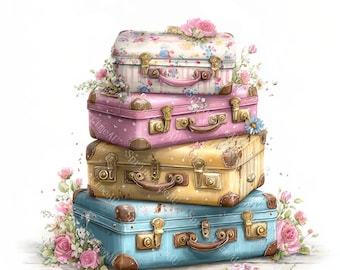 Könnte beinhalten: Ein Stapel von vier Vintage-Koffern in Pastellfarben: Blumenmuster, rosa Punkte, gelb und blau. Jeder Koffer hat einen Griff und Metallverschlüsse. Rosa Rosen und andere Blumen sind um die Koffer herum angeordnet.