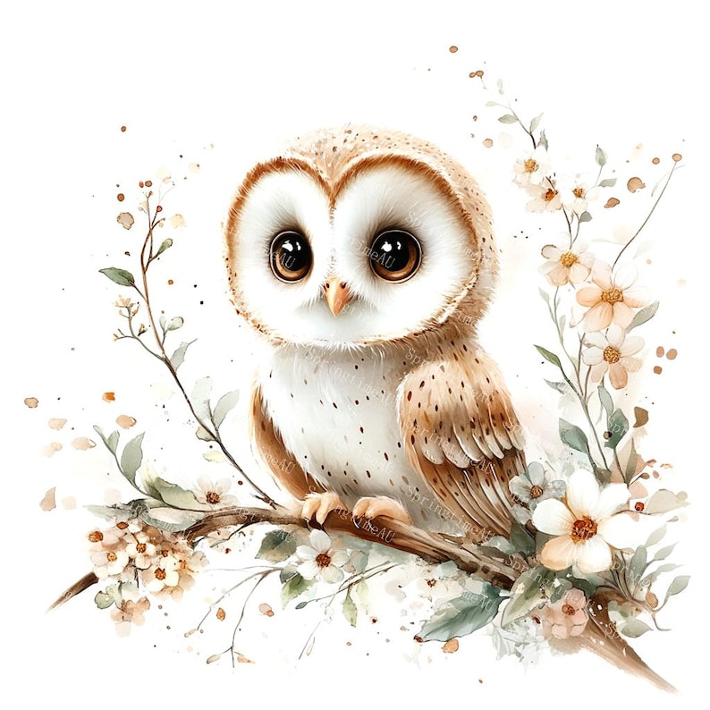 20 Cute Barn Owl Clipart, Woodland Owl, Floral Owl, Nursery Decor, Printable Watercolor, High-Quality JPGs, Papercraft, Junk Journal