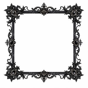 May include: A square black picture frame featuring intricate scrollwork and ornate carvings along the edges. The frame is accented with small, dark, oval-shaped cabochon stones embedded at each corner and at the center of each side section.