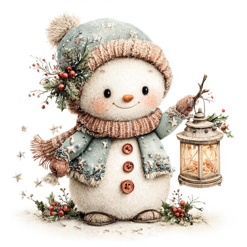 18 Whimsical Snowman Clipart, Christmas Snowman, Festive Holiday, Printable Watercolor, High-Quality JPGs, Paper Craft, Junk Journal