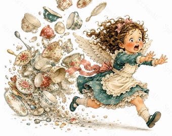 16 Teacup Trouble Angel Girl Clipart, Funny Tea Party Cherub Watercolor JPG, Cottage Crafts, Planner Stickers, Digital Download