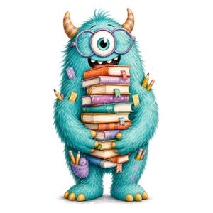 Puede incluir: Un monstruo peludo de color verde azulado con un ojo grande, gafas moradas y cuernos a rayas, sosteniendo una pila alta de libros coloridos. El monstruo tiene garras y pies amarillos, lápices en su pelaje y una pequeña criatura morada en su bolsillo.