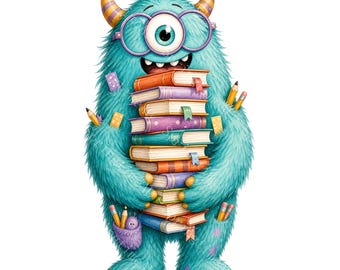 16 Fuuny Monster Reading Buddies Clipart, Colorful Watercolor JPG, Teacher Classroom Stickers, Library Labels, Digital Craft, Commercial Use