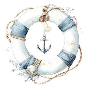 22 cliparts d'anneau de sauvetage côtier, bouée de sauvetage nautique, création de fête en bord de mer, aquarelle imprimable, fichiers JPG de haute qualité, créations en papier, journal indésirable