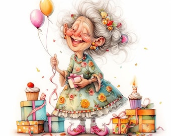 16 Quirky Grandma Birthday Clipart, Quirky Birthday Cake, Printable Watercolor, High-Quality JPGs, PaperCraft, Junk Journal,Digital Download