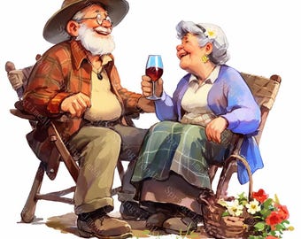 20 Elderly Couple Clipart, Whimsical Old Love, Funny Senior Couple, Printable Watercolor, High-Quality JPGs, Paper Craft, Junk Journal