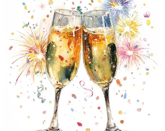 Clipart de 20 copas de champán y fuegos artificiales, Nochevieja, bebidas de Nochevieja, acuarela imprimible, JPG de alta calidad, manualidades de papel, diario basura